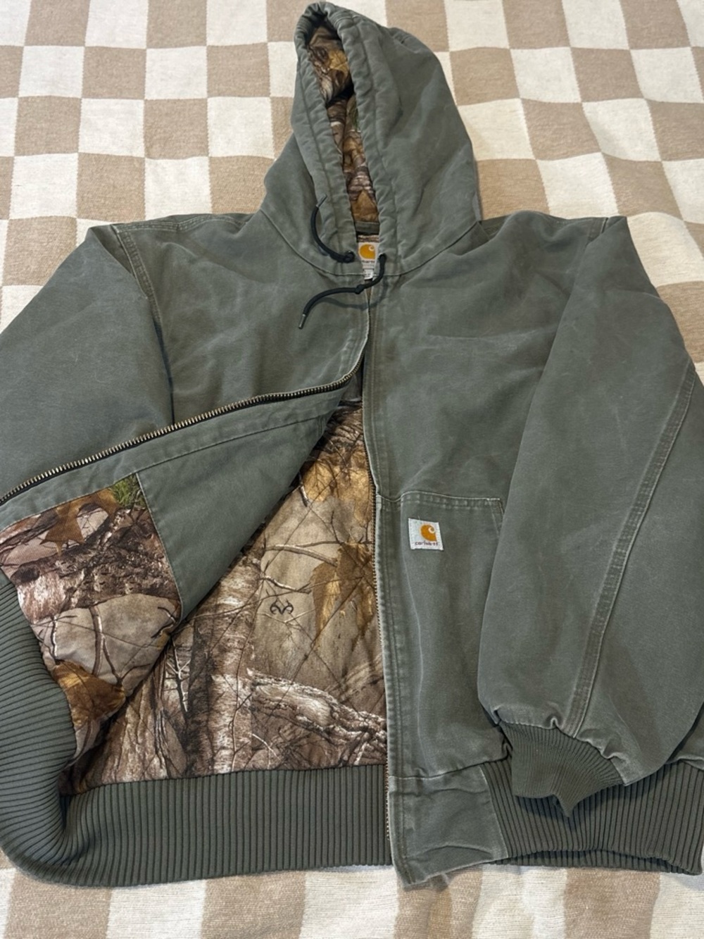 Carhartt x real tree Mos Green Hooded Work Jacket with Camo Lining
